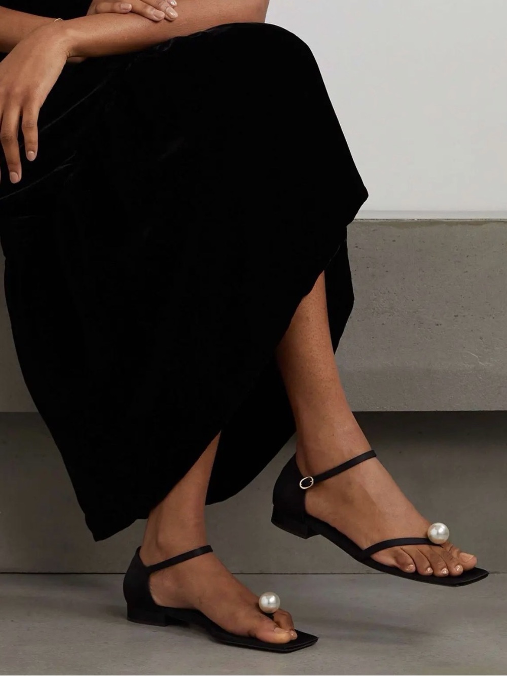 TOTEME Black Pearl-Accent Satin Ankle Strap Flat Sandals